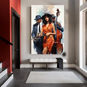 Afrika Caz Sanatı; Afrika Kanvası; Caz Duvar Sanatı; Siyah Müzisyen Kanvas; Sokak Caz Grubu Renkli T 60x120 cm