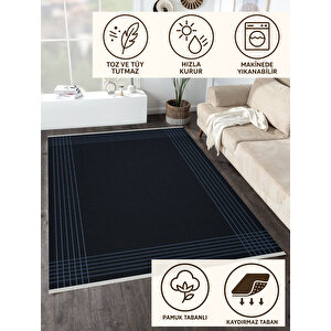 Yıkanabilir Salon Halısı – Lacivert; Açık Mavi; Siyah – Çizgili Desen, Makinede Yıkanabilir, Kolay Temizlenebilir, Toz Ve Tüy Tutmaz, Kaymaz, Evcil Hayvan Dostu