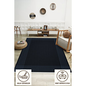 Yıkanabilir Salon Halısı – Lacivert; Açık Mavi; Siyah – Çizgili Desen, Makinede Yıkanabilir, Kolay Temizlenebilir, Toz Ve Tüy Tutmaz, Kaymaz, Evcil Hayvan Dostu