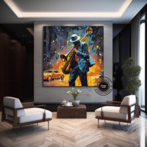 Saksafoncu Renkli Tablo Stili Kanvas Baskı; Caz Graffiti Sanatı; Caz Duvar Sanatı; Sokak Sanat Müzis 70x70 cm