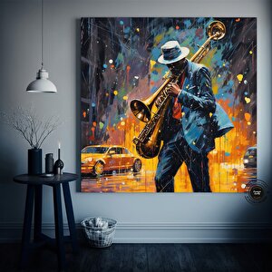 Saksafoncu Renkli Tablo Stili Kanvas Baskı; Caz Graffiti Sanatı; Caz Duvar Sanatı; Sokak Sanat Müzis