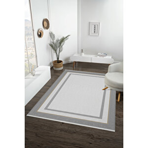 Pamuk Dokuma Taban Halı – Gri; Beyaz; Altın – Geometrik Desen, Makinede Yıkanabilir, Kolay Temizlenebilir, Toz Ve Tüy Tutmaz, Kaymaz, Evcil Hayvan Dostu 160x350 cm