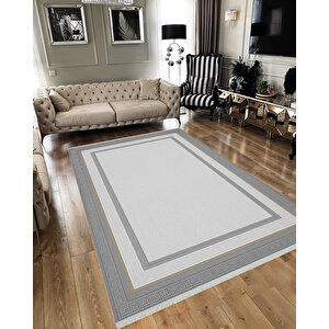 Pamuk Dokuma Taban Halı – Gri; Beyaz; Altın – Geometrik Desen, Makinede Yıkanabilir, Kolay Temizlenebilir, Toz Ve Tüy Tutmaz, Kaymaz, Evcil Hayvan Dostu