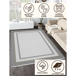 Pamuk Dokuma Taban Halı – Gri; Beyaz; Altın – Geometrik Desen, Makinede Yıkanabilir, Kolay Temizlenebilir, Toz Ve Tüy Tutmaz, Kaymaz, Evcil Hayvan Dostu