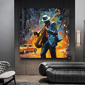 Saksafoncu Renkli Tablo Stili Kanvas Baskı; Caz Graffiti Sanatı; Caz Duvar Sanatı; Sokak Sanat Müzis 60x60 cm