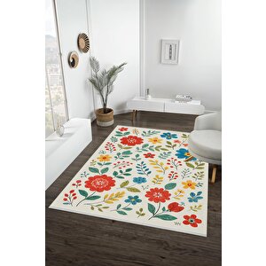 Pamuk Dokuma Taban Halı – Kırmızı; Sarı; Mavi; Yeşil – Floral Desen, Makinede Yıkanabilir, Kolay Temizlenebilir, Toz Ve Tüy Tutmaz, Kaymaz, Evcil Hayvan Dostu