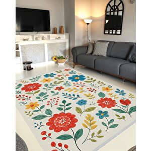 Pamuk Dokuma Taban Halı – Kırmızı; Sarı; Mavi; Yeşil – Floral Desen, Makinede Yıkanabilir, Kolay Temizlenebilir, Toz Ve Tüy Tutmaz, Kaymaz, Evcil Hayvan Dostu