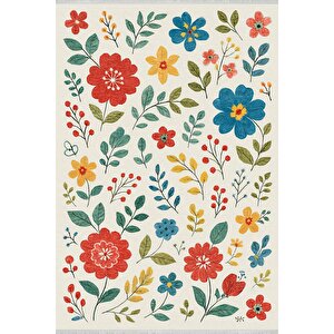 Pamuk Dokuma Taban Halı – Kırmızı; Sarı; Mavi; Yeşil – Floral Desen, Makinede Yıkanabilir, Kolay Temizlenebilir, Toz Ve Tüy Tutmaz, Kaymaz, Evcil Hayvan Dostu