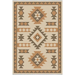 Pamuk Dokuma Taban Halı – Bej; Kahverengi; Turuncu – Tribal Geometric Desen, Makinede Yıkanabilir, Kolay Temizlenebilir, Toz Ve Tüy Tutmaz, Kaymaz, Evcil Hayvan Dostu 160x350 cm