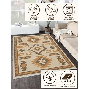 Pamuk Dokuma Taban Halı – Bej; Kahverengi; Turuncu – Tribal Geometric Desen, Makinede Yıkanabilir, Kolay Temizlenebilir, Toz Ve Tüy Tutmaz, Kaymaz, Evcil Hayvan Dostu 180x270 cm