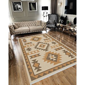 Pamuk Dokuma Taban Halı – Bej; Kahverengi; Turuncu – Tribal Geometric Desen, Makinede Yıkanabilir, Kolay Temizlenebilir, Toz Ve Tüy Tutmaz, Kaymaz, Evcil Hayvan Dostu 160x230 cm