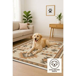 Pamuk Dokuma Taban Halı – Bej; Kahverengi; Turuncu – Tribal Geometric Desen, Makinede Yıkanabilir, Kolay Temizlenebilir, Toz Ve Tüy Tutmaz, Kaymaz, Evcil Hayvan Dostu