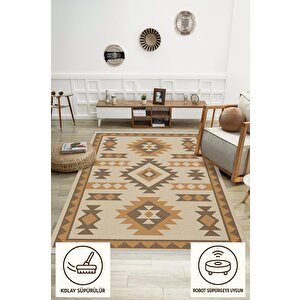 Pamuk Dokuma Taban Halı – Bej; Kahverengi; Turuncu – Tribal Geometric Desen, Makinede Yıkanabilir, Kolay Temizlenebilir, Toz Ve Tüy Tutmaz, Kaymaz, Evcil Hayvan Dostu