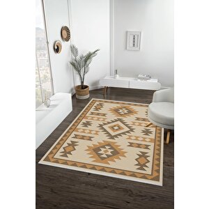Pamuk Dokuma Taban Halı – Bej; Kahverengi; Turuncu – Tribal Geometric Desen, Makinede Yıkanabilir, Kolay Temizlenebilir, Toz Ve Tüy Tutmaz, Kaymaz, Evcil Hayvan Dostu
