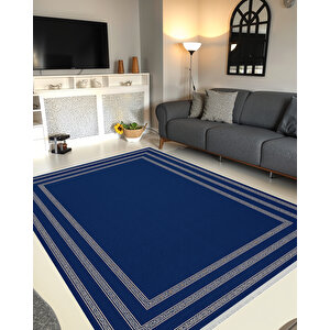 Pamuk Dokuma Taban Halı – Lacivert; Krem – Geometrik Desen, Makinede Yıkanabilir, Kolay Temizlenebilir, Toz Ve Tüy Tutmaz, Kaymaz, Evcil Hayvan Dostu