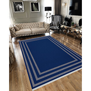 Pamuk Dokuma Taban Halı – Lacivert; Krem – Geometrik Desen, Makinede Yıkanabilir, Kolay Temizlenebilir, Toz Ve Tüy Tutmaz, Kaymaz, Evcil Hayvan Dostu