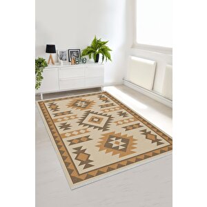 Pamuk Dokuma Taban Halı – Bej; Kahverengi; Turuncu – Tribal Geometric Desen, Makinede Yıkanabilir, Kolay Temizlenebilir, Toz Ve Tüy Tutmaz, Kaymaz, Evcil Hayvan Dostu