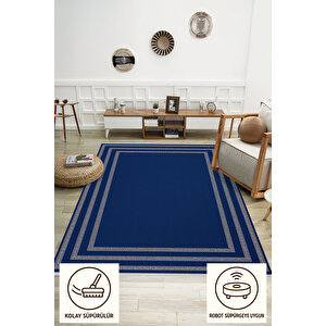 Pamuk Dokuma Taban Halı – Lacivert; Krem – Geometrik Desen, Makinede Yıkanabilir, Kolay Temizlenebilir, Toz Ve Tüy Tutmaz, Kaymaz, Evcil Hayvan Dostu 150x150 cm