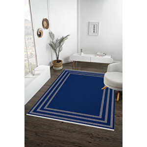 Pamuk Dokuma Taban Halı – Lacivert; Krem – Geometrik Desen, Makinede Yıkanabilir, Kolay Temizlenebilir, Toz Ve Tüy Tutmaz, Kaymaz, Evcil Hayvan Dostu 200x270 cm