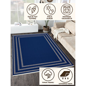 Pamuk Dokuma Taban Halı – Lacivert; Krem – Geometrik Desen, Makinede Yıkanabilir, Kolay Temizlenebilir, Toz Ve Tüy Tutmaz, Kaymaz, Evcil Hayvan Dostu