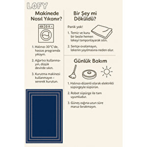 Pamuk Dokuma Taban Halı – Lacivert; Krem – Geometrik Desen, Makinede Yıkanabilir, Kolay Temizlenebilir, Toz Ve Tüy Tutmaz, Kaymaz, Evcil Hayvan Dostu