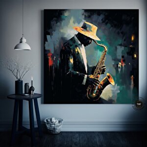 Renkli Saksafoncu Ayı Kanvas; Caz Temalı Dekor