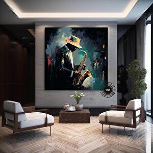 Renkli Saksafoncu Ayı Kanvas; Caz Temalı Dekor 40x40 cm