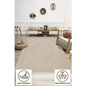 Pamuk Dokuma Taban Halı – Bej – Oriental Desen, Makinede Yıkanabilir, Kolay Temizlenebilir, Toz Ve Tüy Tutmaz, Kaymaz, Evcil Hayvan Dostu