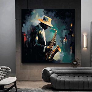 Renkli Saksafoncu Ayı Kanvas; Caz Temalı Dekor 70x70 cm