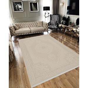 Pamuk Dokuma Taban Halı – Bej – Oriental Desen, Makinede Yıkanabilir, Kolay Temizlenebilir, Toz Ve Tüy Tutmaz, Kaymaz, Evcil Hayvan Dostu 80x150 cm