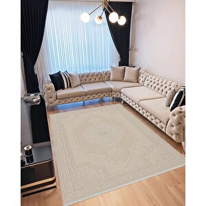 Pamuk Dokuma Taban Halı – Bej – Oriental Desen, Makinede Yıkanabilir, Kolay Temizlenebilir, Toz Ve Tüy Tutmaz, Kaymaz, Evcil Hayvan Dostu 80x150 cm