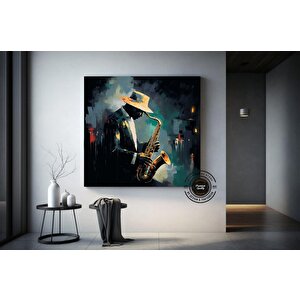 Renkli Saksafoncu Ayı Kanvas; Caz Temalı Dekor