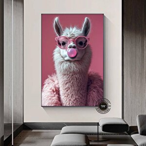 Pembe Gözlüklü Sakız Çiğneyen Lama Kanvas Tablo – Soyut Ve Stil Sahibi Ev Dekoru 80x160 cm