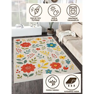 Pamuk Dokuma Taban Halı – Kırmızı; Sarı; Turkuaz; Bej – Çiçekli Desen, Makinede Yıkanabilir, Kolay Temizlenebilir, Toz Ve Tüy Tutmaz, Kaymaz, Evcil Hayvan Dostu