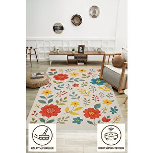 Pamuk Dokuma Taban Halı – Kırmızı; Sarı; Turkuaz; Bej – Çiçekli Desen, Makinede Yıkanabilir, Kolay Temizlenebilir, Toz Ve Tüy Tutmaz, Kaymaz, Evcil Hayvan Dostu