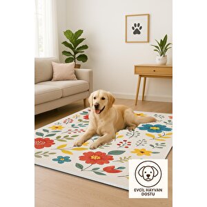 Pamuk Dokuma Taban Halı – Kırmızı; Sarı; Turkuaz; Bej – Çiçekli Desen, Makinede Yıkanabilir, Kolay Temizlenebilir, Toz Ve Tüy Tutmaz, Kaymaz, Evcil Hayvan Dostu