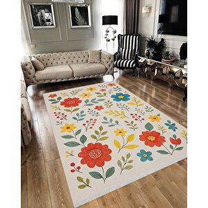 Pamuk Dokuma Taban Halı – Kırmızı; Sarı; Turkuaz; Bej – Çiçekli Desen, Makinede Yıkanabilir, Kolay Temizlenebilir, Toz Ve Tüy Tutmaz, Kaymaz, Evcil Hayvan Dostu 160x230 cm