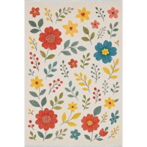 Pamuk Dokuma Taban Halı – Kırmızı; Sarı; Turkuaz; Bej – Çiçekli Desen, Makinede Yıkanabilir, Kolay Temizlenebilir, Toz Ve Tüy Tutmaz, Kaymaz, Evcil Hayvan Dostu 160x230 cm