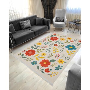 Pamuk Dokuma Taban Halı – Kırmızı; Sarı; Turkuaz; Bej – Çiçekli Desen, Makinede Yıkanabilir, Kolay Temizlenebilir, Toz Ve Tüy Tutmaz, Kaymaz, Evcil Hayvan Dostu 120x270 cm