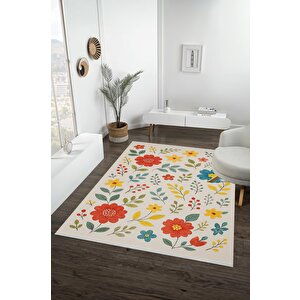 Pamuk Dokuma Taban Halı – Kırmızı; Sarı; Turkuaz; Bej – Çiçekli Desen, Makinede Yıkanabilir, Kolay Temizlenebilir, Toz Ve Tüy Tutmaz, Kaymaz, Evcil Hayvan Dostu