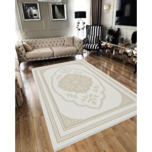 Pamuk Dokuma Taban Halı – Bej; Krem – Oriental Desen, Makinede Yıkanabilir, Kolay Temizlenebilir, Toz Ve Tüy Tutmaz, Kaymaz, Evcil Hayvan Dostu 200x350 cm