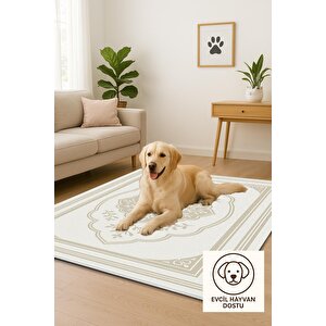 Pamuk Dokuma Taban Halı – Bej; Krem – Oriental Desen, Makinede Yıkanabilir, Kolay Temizlenebilir, Toz Ve Tüy Tutmaz, Kaymaz, Evcil Hayvan Dostu