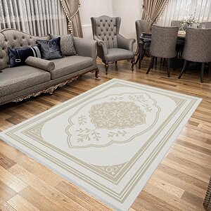 Pamuk Dokuma Taban Halı – Bej; Krem – Oriental Desen, Makinede Yıkanabilir, Kolay Temizlenebilir, Toz Ve Tüy Tutmaz, Kaymaz, Evcil Hayvan Dostu 180x270 cm