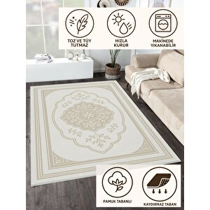 Pamuk Dokuma Taban Halı – Bej; Krem – Oriental Desen, Makinede Yıkanabilir, Kolay Temizlenebilir, Toz Ve Tüy Tutmaz, Kaymaz, Evcil Hayvan Dostu