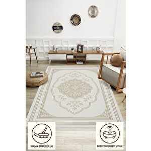 Pamuk Dokuma Taban Halı – Bej; Krem – Oriental Desen, Makinede Yıkanabilir, Kolay Temizlenebilir, Toz Ve Tüy Tutmaz, Kaymaz, Evcil Hayvan Dostu