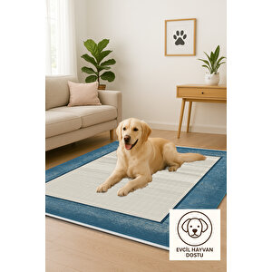 Pamuk Dokuma Taban Halı – Mavi; Krem – Eskitilmiş Görünümlü Geometrik Desen, Makinede Yıkanabilir, Kolay Temizlenebilir, Toz Ve Tüy Tutmaz, Kaymaz, Evcil Hayvan Dostu