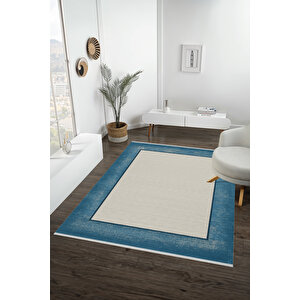 Pamuk Dokuma Taban Halı – Mavi; Krem – Eskitilmiş Görünümlü Geometrik Desen, Makinede Yıkanabilir, Kolay Temizlenebilir, Toz Ve Tüy Tutmaz, Kaymaz, Evcil Hayvan Dostu