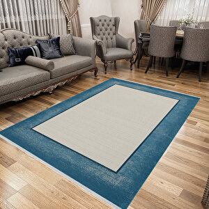Pamuk Dokuma Taban Halı – Mavi; Krem – Eskitilmiş Görünümlü Geometrik Desen, Makinede Yıkanabilir, Kolay Temizlenebilir, Toz Ve Tüy Tutmaz, Kaymaz, Evcil Hayvan Dostu