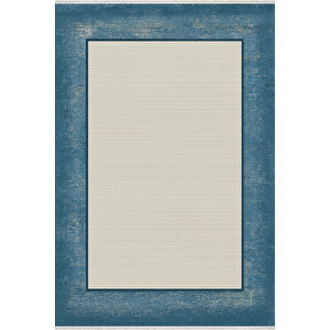 Pamuk Dokuma Taban Halı – Mavi; Krem – Eskitilmiş Görünümlü Geometrik Desen, Makinede Yıkanabilir, Kolay Temizlenebilir, Toz Ve Tüy Tutmaz, Kaymaz, Evcil Hayvan Dostu 150x240 cm