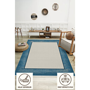 Pamuk Dokuma Taban Halı – Mavi; Krem – Eskitilmiş Görünümlü Geometrik Desen, Makinede Yıkanabilir, Kolay Temizlenebilir, Toz Ve Tüy Tutmaz, Kaymaz, Evcil Hayvan Dostu 150x240 cm